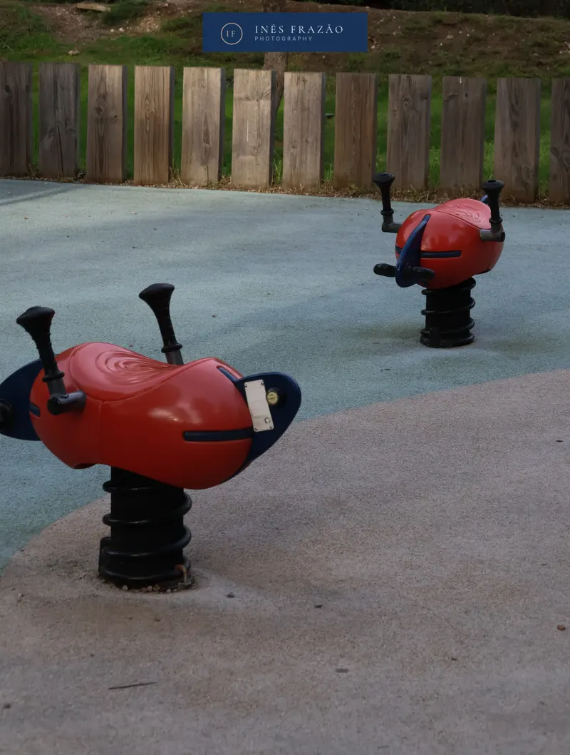 Brinquedos de parque infantil iluminados pela luz natural, fotografia de espaços públicos por Inês Frazão.